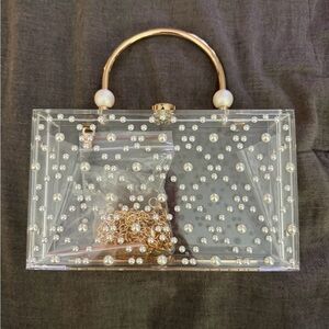 Windsor Pearl-Embellished Clear Box Handbag with Gold Handle